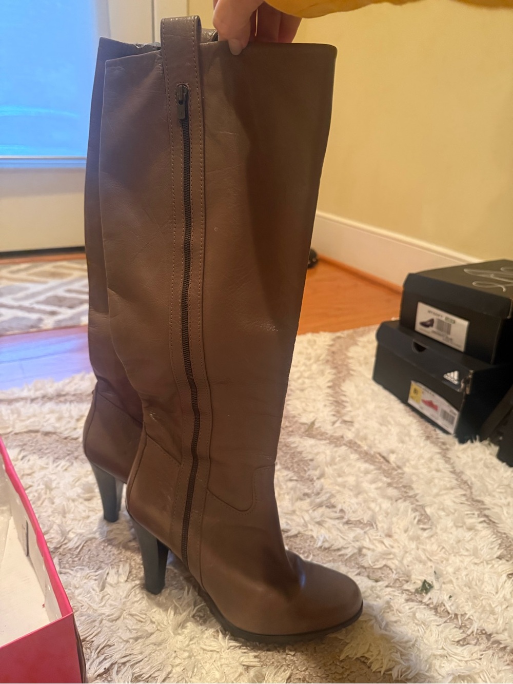 Women's Brown High Heel Knee Boot - Leather Zip Side